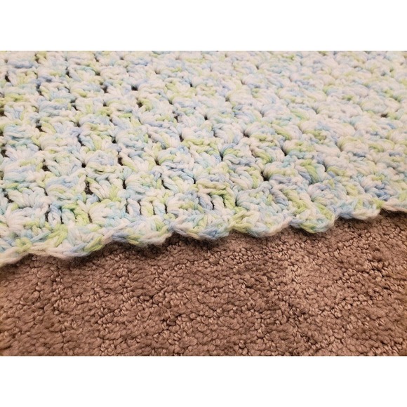 Beautiful Hand Crocheted Blue/Green/White Baby Blanket- 31" x 32" - Picture 7 of 8